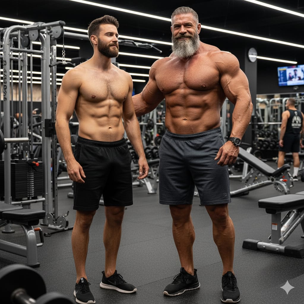 Due uomini gay palestrati vicini in palestra gioco gay Due uomini attraenti in palestra, coppia gay hot con differenza d'età